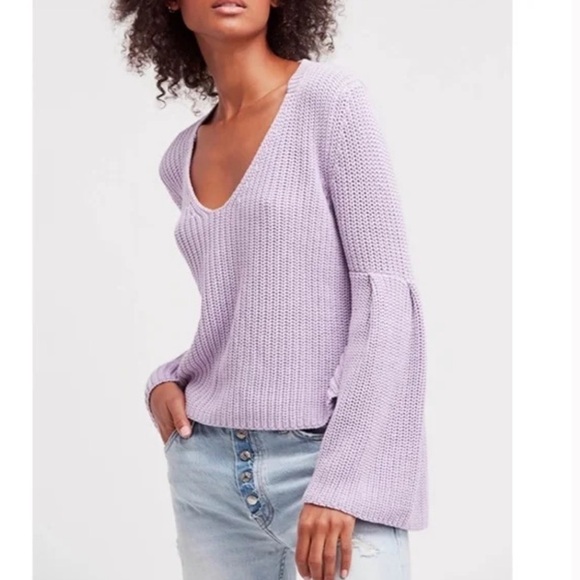 Free People Sweaters - Free People Damsel Bell Sleeve V-Neck Knit Sweater Large Lavender Purple Boho